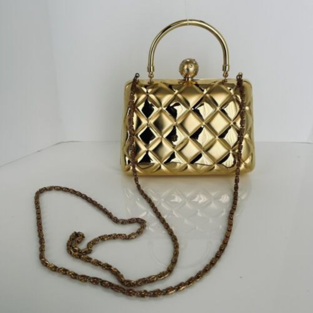 Puff Quilted Clam Shell Jeweled Knob Kiss Lock Evening Bag Gold Tone Chain Sling